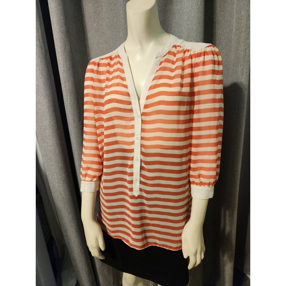 LC Lauren Conrad Women's Top Sz L‎ 3/4 Sleeve Cream And Coral Chiffon Striped